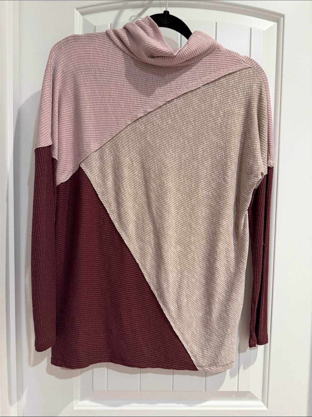 Maurices Tri‑Panel Cowl Neck Sweater in Pink, Cream & Burgundy